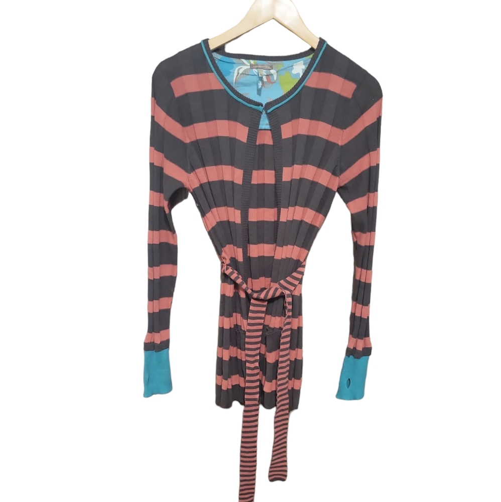 Matilda Jane “You & Me” Orange Brown Striped Cardigan Sweater Belted M